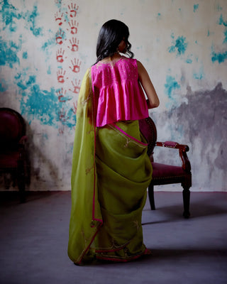 Olive half and half saree with long blouse