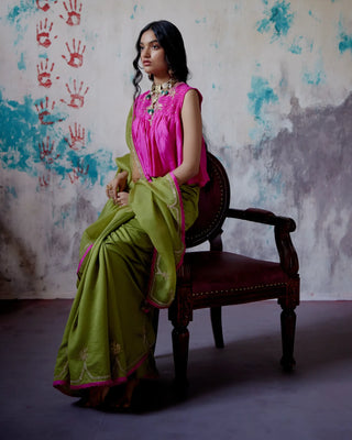 Olive half and half saree with long blouse