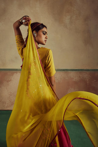 Backless yellow rang kurta skirt set