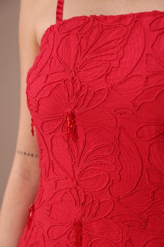 Red floral embroidered dress