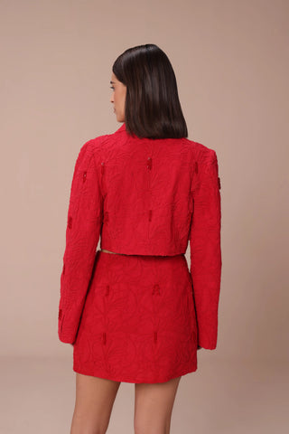 Red floral embroidered cropped co-ord set