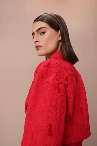 Red floral embroidered cropped oversized blazer