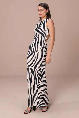 Zebra stripe draped cowl dress