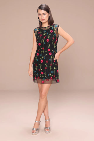 Black embroidered floral mini dress