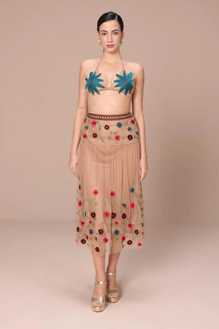 Nude with multicolor embroidery midi skirt