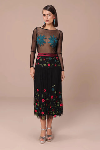 Black with multicolor embroidery midi skirt