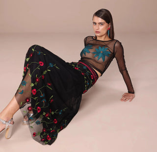 Black with multicolor embroidery midi skirt