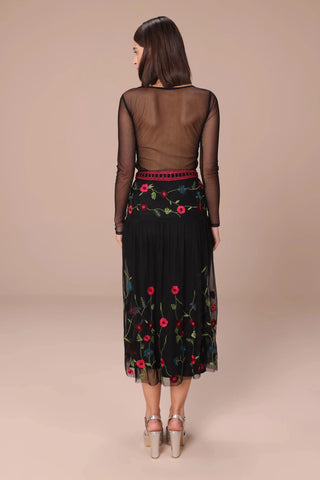 Black with multicolor embroidery midi skirt