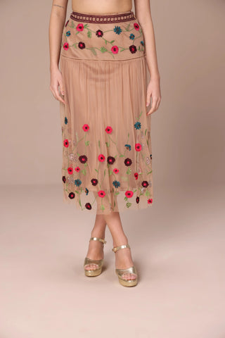 Nude with multicolor embroidery midi skirt