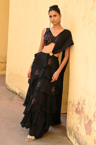 Opia black ruffled sari and blouse