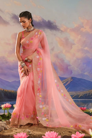 Peach organza saree with floral embroidery