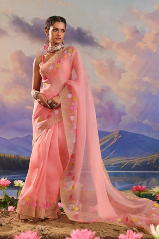 Peach organza saree with floral embroidery