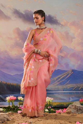 Peach organza saree with floral embroidery