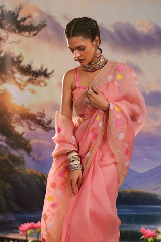 Peach organza saree with floral embroidery