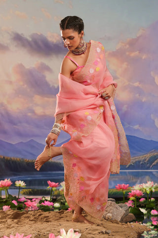 Peach organza saree with floral embroidery