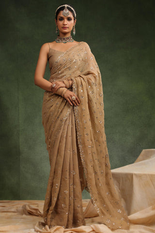 Peachish brown badla saree