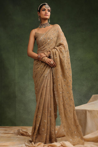 Peachish brown badla saree