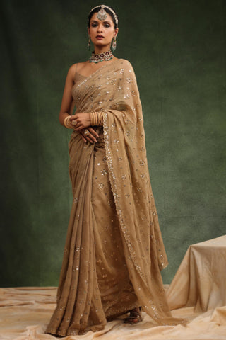 Peachish brown badla saree