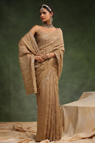 Peachish brown badla saree