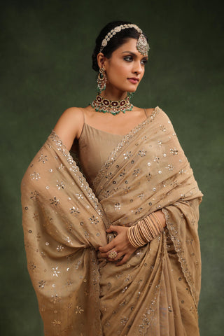 Peachish brown badla saree