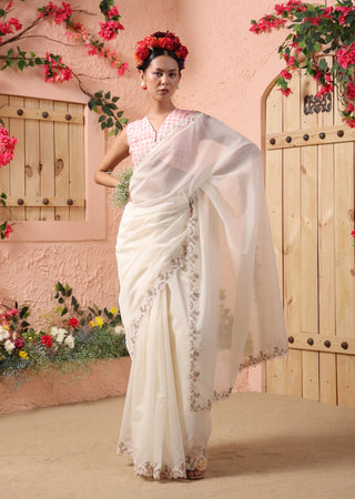 Ivory lace border saree and blouse