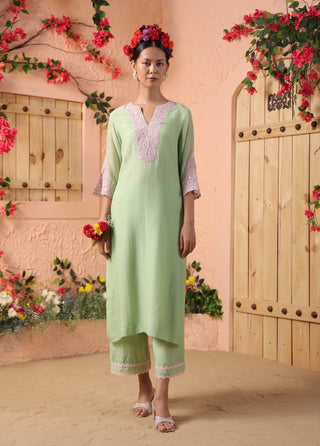 Pista green embroidered kurta set