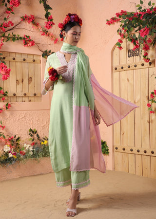 Pista green embroidered kurta set