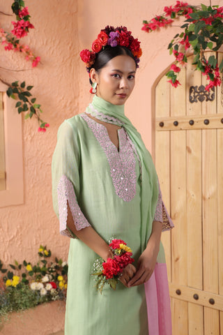 Pista green embroidered kurta set