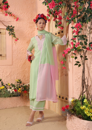 Pista green embroidered kurta set