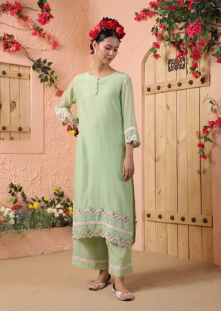 Pista green mul chanderi kurta set