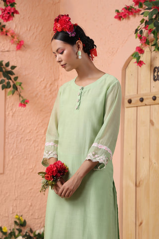 Pista green mul chanderi kurta set