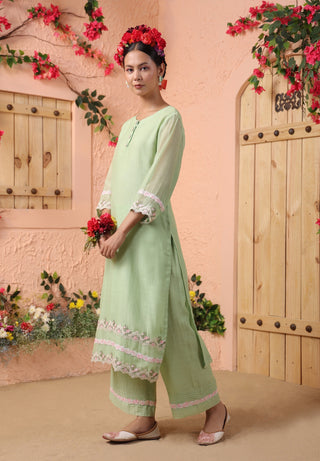 Pista green mul chanderi kurta set