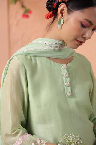 Pista green mul chanderi kurta set