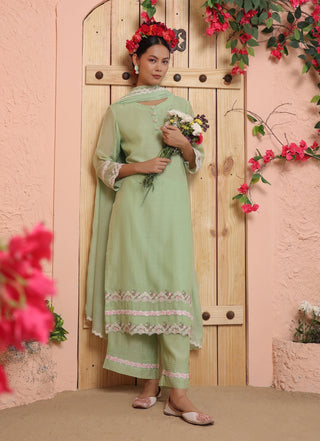 Pista green mul chanderi kurta set