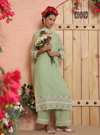 Pista green mul chanderi kurta set