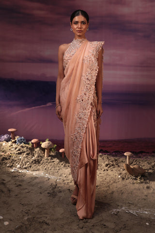 Peach satin cutwork draped saree set