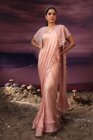 Peach embroidered ruffle jacket saree set