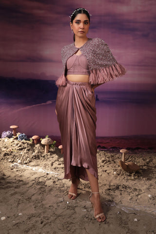 Dusty purple embroidered cape with bustier and draped skirt