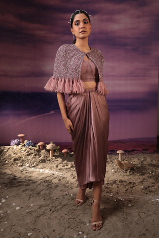 Dusty purple embroidered cape with bustier and draped skirt