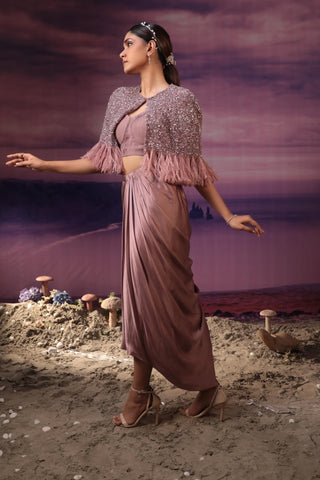 Dusty purple embroidered cape with bustier and draped skirt