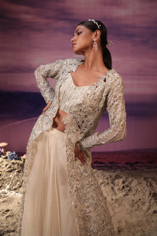 Ivory net cutwork embroidered jacket set