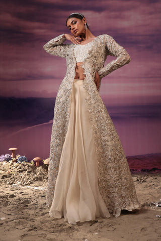 Ivory net cutwork embroidered jacket set