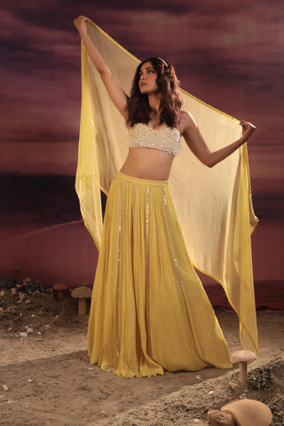 Yellow chiffon and organza lehenga set