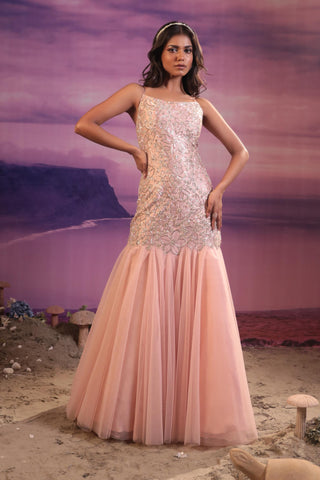 Peach heavy embroidered cutwork gown