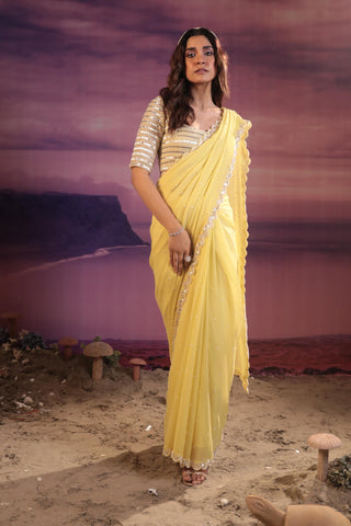 Yellow chiffon and organza saree set