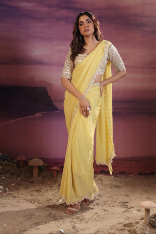 Yellow chiffon and organza saree set