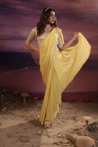 Yellow chiffon and organza saree set