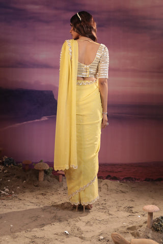 Yellow chiffon and organza saree set