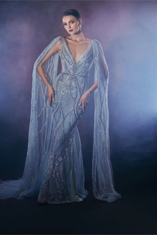 Powder blue glittering gown with detachable wings