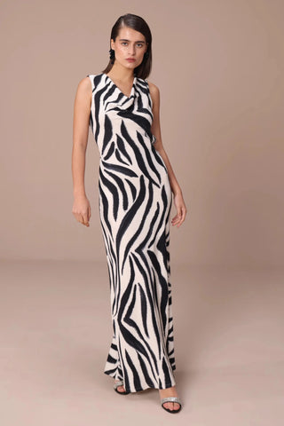 Zebra stripe draped cowl dress